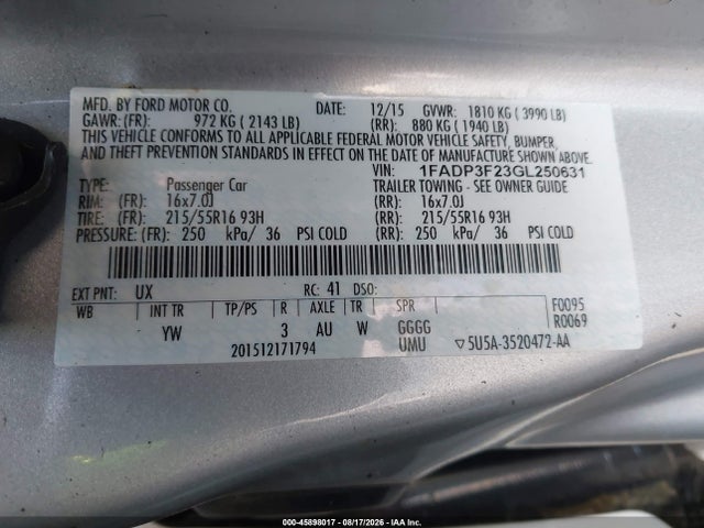 Ford FOCUS SE 2016 1FADP3F23GL250631 Image 9