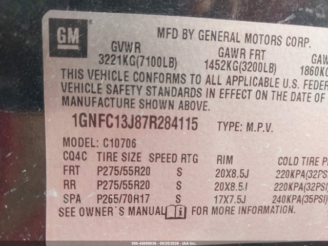 Продажа на аукционе авто 2007 Chevrolet Tahoe Ltz, vin: 1GNFC13J87R284115, номер лота: 45898036