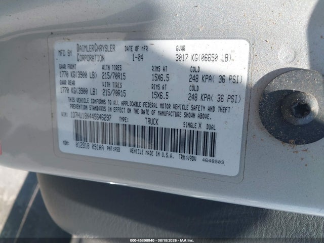 2004 Dodge Ram 1500 Slt/laramie მანქანა იყიდება აუქციონზე, vin: 1D7HU18N44S646297, აუქციონის ნომერი: 45898040