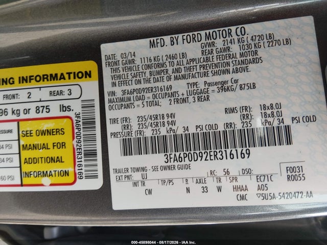 Продажа на аукционе авто 2014 Ford Fusion Titanium, vin: 3FA6P0D92ER316169, номер лота: 45898044