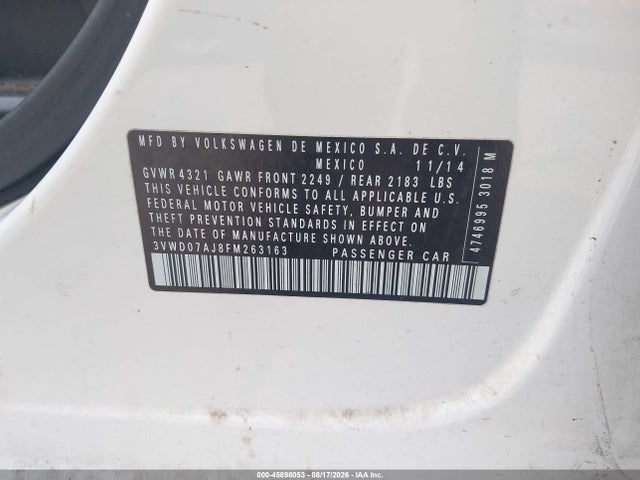 Продаж на аукціоні авто 2015 Volkswagen Jetta 1.8t Se, vin: 3VWD07AJ8FM263163, номер лоту: 45898053