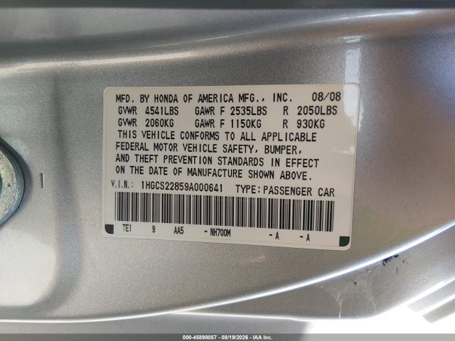 Продажа на аукционе авто 2009 Honda Accord 3.5 Ex-l, vin: 1HGCS22859A000641, номер лота: 45898057