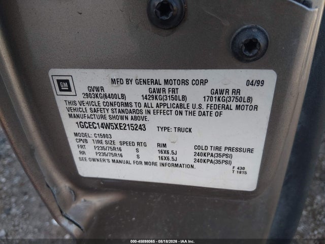 Aukcja sprzedaży 1999 Chevrolet Silverado 1500, vin: 1GCEC14W5XE215243, numer aukcji: 45898065