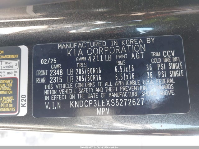 45898072 :رقم المزاد ، KNDCP3LEXS5272627 vin ، 2025 Kia Niro Lx مزاد بيع