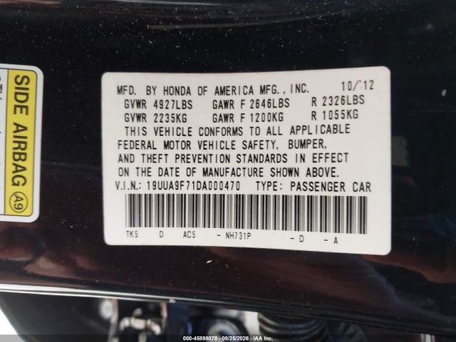 2013 Acura Tl 3.7 მანქანა იყიდება აუქციონზე, vin: 19UUA9F71DA000470, აუქციონის ნომერი: 45898078