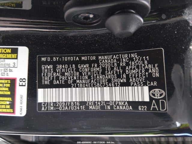 Продажа на аукционе авто 2011 Toyota Corolla Le, vin: 2T1BU4EE5BC754612, номер лота: 45898092