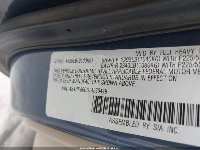 45898094 :رقم المزاد ، 4S4BP86C374339449 vin ، 2007 Subaru Outback 3.0r L.l. Bean Edition مزاد بيع