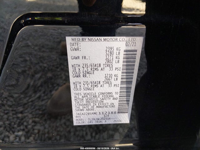 Продаж на аукціоні авто 2021 Nissan Murano Sv Intelligent Awd, vin: 5N1AZ2BS4MC112188, номер лоту: 45898096