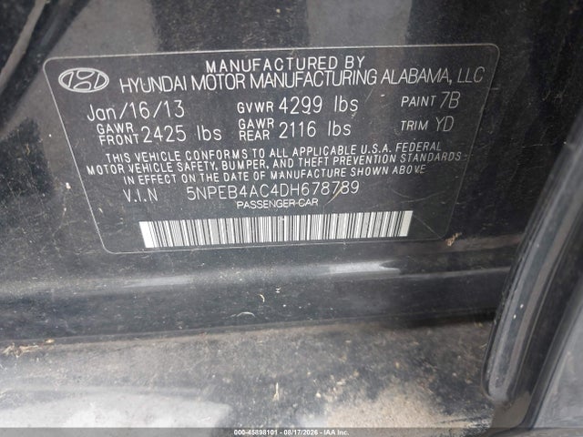 Продаж на аукціоні авто 2013 Hyundai Sonata Gls, vin: 5NPEB4AC4DH678789, номер лоту: 45898101