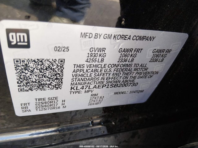 45898102 :رقم المزاد ، KL47LAEP1SB200730 vin ، 2025 Buick Envista Preferred Fwd مزاد بيع
