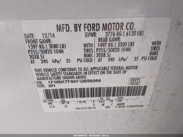 Продажа на аукционе авто 2015 Ford Explorer Limited, vin: 1FM5K7F85FGB56066, номер лота: 45898103