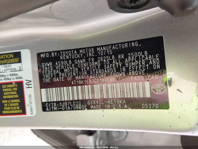 45898109 :رقم المزاد ، 4T1BK1EB3GU194590 vin ، 2016 Toyota Avalon Xle مزاد بيع