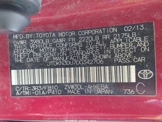 2013 Toyota Prius Three მანქანა იყიდება აუქციონზე, vin: JTDKN3DU7D0342706, აუქციონის ნომერი: 45898120
