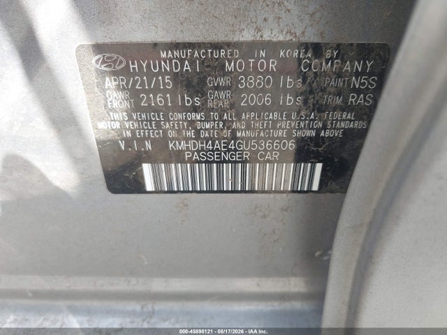 Aukcja sprzedaży 2016 Hyundai Elantra Limited, vin: KMHDH4AE4GU536606, numer aukcji: 45898121