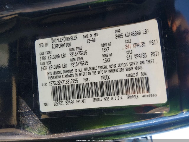 45898127 :رقم المزاد ، 1B7GL22X71S217255 vin ، 2001 Dodge Dakota Slt/sport مزاد بيع