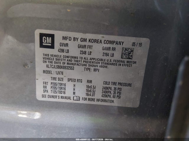 Продаж на аукціоні авто 2019 Chevrolet Trax Lt, vin: KL7CJLSB0KB932553, номер лоту: 45898132