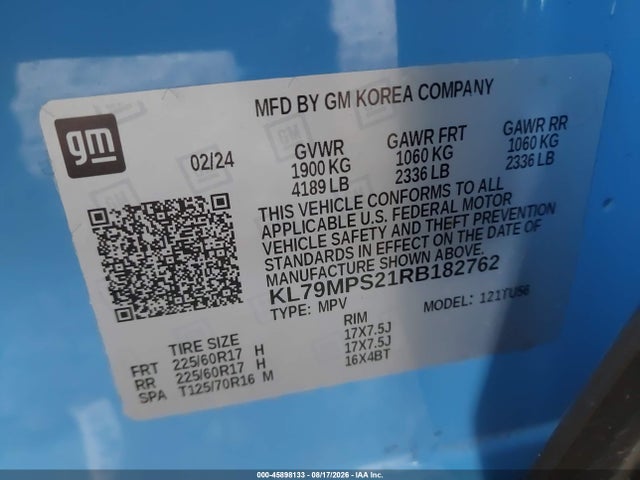 Auction sale of the 2024 Chevrolet Trailblazer Fwd Lt, vin: KL79MPS21RB182762, lot number: 45898133