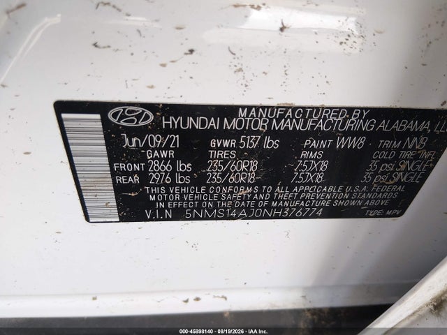 45898140 :رقم المزاد ، 5NMS14AJ0NH376774 vin ، 2022 Hyundai Santa Fe Se مزاد بيع