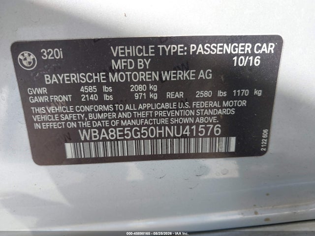 Продаж на аукціоні авто 2017 Bmw 320i Xdrive, vin: WBA8E5G50HNU41576, номер лоту: 45898165