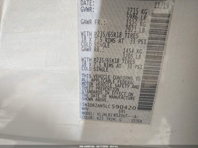45898166 :رقم المزاد ، 5N1DR2AN5LC590420 vin ، 2020 Nissan Pathfinder S 2wd مزاد بيع