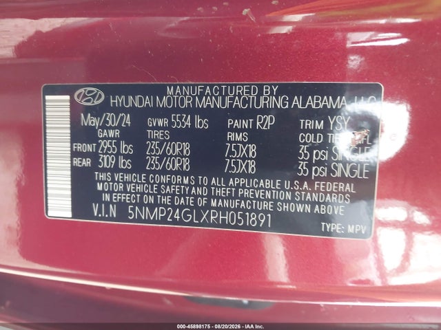 Aukcja sprzedaży 2024 Hyundai Santa Fe Sel, vin: 5NMP24GLXRH051891, numer aukcji: 45898175