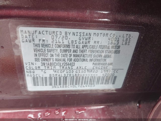 Продажа на аукционе авто 2020 Nissan Sentra Sv Xtronic Cvt, vin: 3N1AB8CV0LY264403, номер лота: 45898178