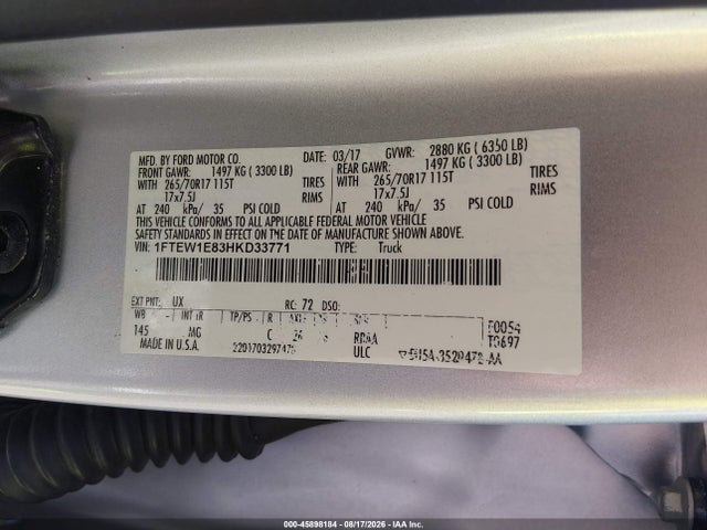 2017 Ford F-150 Xlt მანქანა იყიდება აუქციონზე, vin: 1FTEW1E83HKD33771, აუქციონის ნომერი: 45898184