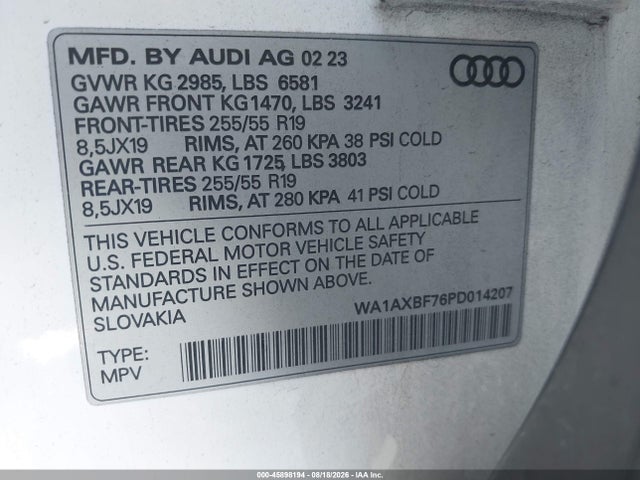 Aukcja sprzedaży 2023 Audi Q7 Premium 55 Tfsi Quattro Tiptronic, vin: WA1AXBF76PD014207, numer aukcji: 45898194