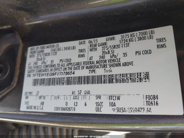 Ford F-150 Lariat 2015 1FTEW1EG9FKD78654 Image 9