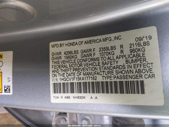 Продаж на аукціоні авто 2019 Honda Accord Lx, vin: 1HGCV1F15KA177162, номер лоту: 45898205