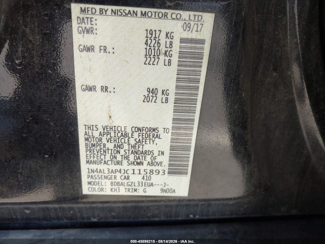 Aukcja sprzedaży 2018 Nissan Altima 2.5 S, vin: 1N4AL3AP4JC115893, numer aukcji: 45898218