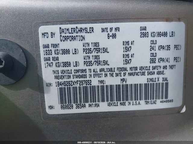 2000 Dodge Durango მანქანა იყიდება აუქციონზე, vin: 1B4HS28ZXYF297652, აუქციონის ნომერი: 45898231