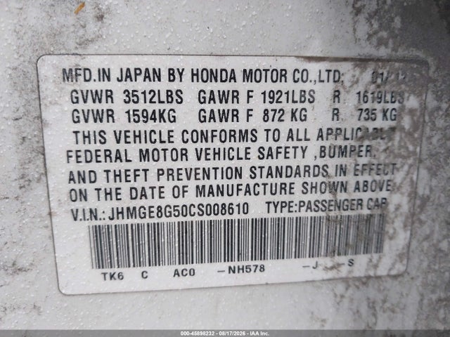 45898232 :رقم المزاد ، JHMGE8G50CS008610 vin ، 2012 Honda Fit Sport مزاد بيع