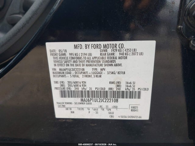 2018 Ford Ecosport Se მანქანა იყიდება აუქციონზე, vin: MAJ6P1UL2JC222108, აუქციონის ნომერი: 45898237