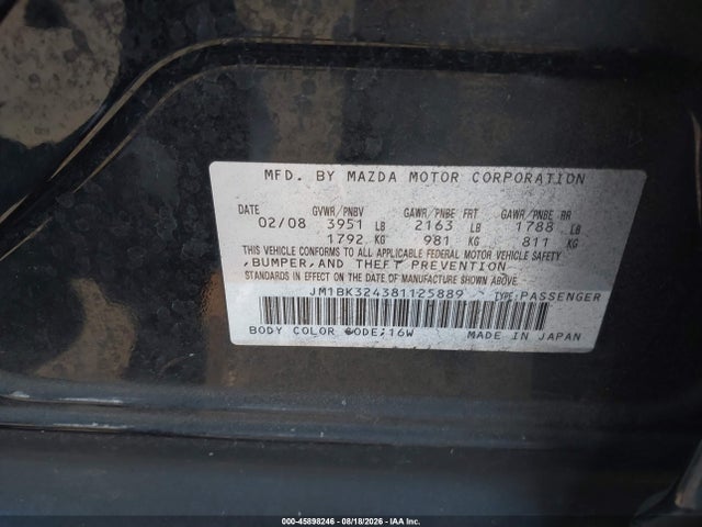 Продажа на аукционе авто 2008 Mazda Mazda3 S Grand Touring, vin: JM1BK324381125889, номер лота: 45898246