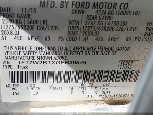 Продажа на аукционе авто 2016 Ford F-250 Lariat, vin: 1FT7W2BTXGEB39579, номер лота: 45898250