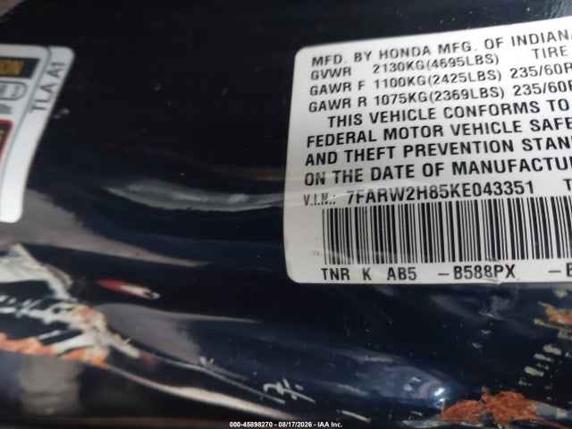 Продажа на аукционе авто 2019 Honda Cr-v Ex-l, vin: 7FARW2H85KE043351, номер лота: 45898270
