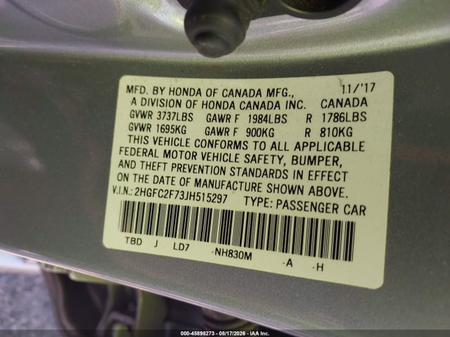 Honda CIVIC EX 2018 2HGFC2F73JH515297 Image 9