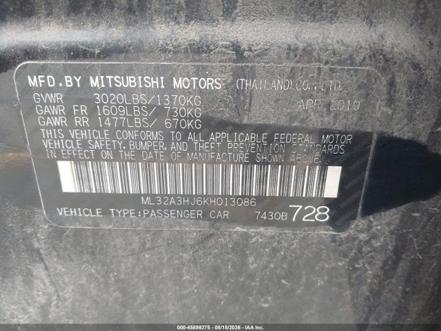 Продаж на аукціоні авто 2019 Mitsubishi Mirage Es/rf, vin: ML32A3HJ6KH013086, номер лоту: 45898275