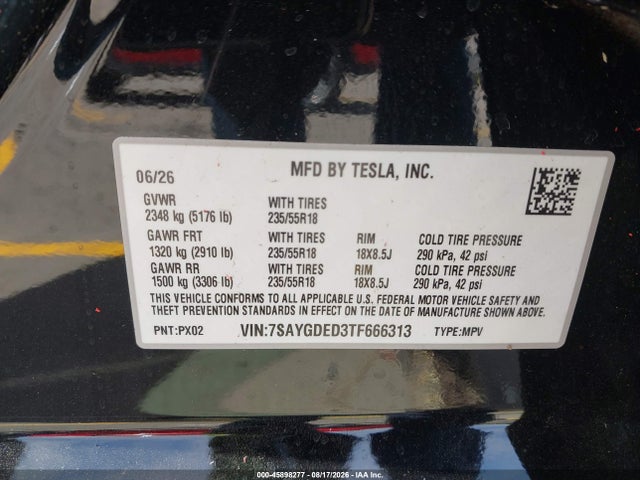 Aukcja sprzedaży 2026 Tesla Model Y, vin: 7SAYGDED3TF666313, numer aukcji: 45898277