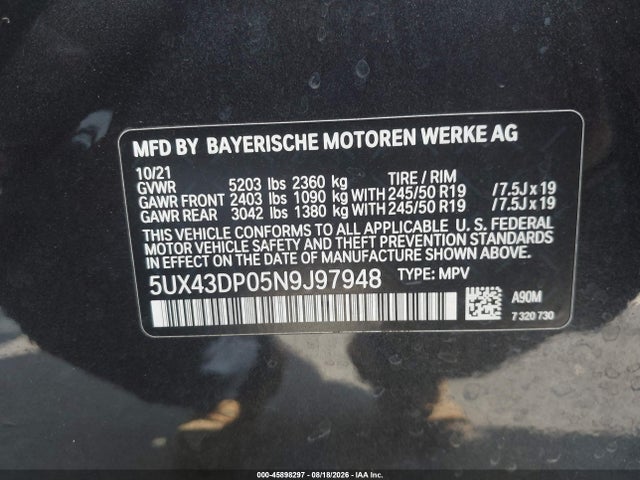 Продажа на аукционе авто 2022 Bmw X3 Sdrive30i, vin: 5UX43DP05N9J97948, номер лота: 45898297