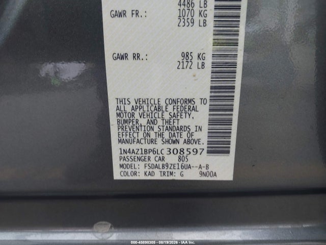 2020 Nissan Leaf S 40 Kwh მანქანა იყიდება აუქციონზე, vin: 1N4AZ1BP6LC308597, აუქციონის ნომერი: 45898305
