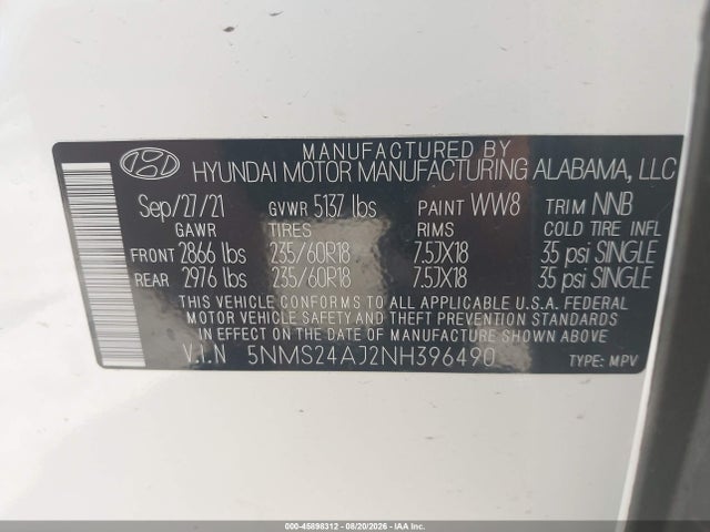 Продаж на аукціоні авто 2022 Hyundai Santa Fe Sel, vin: 5NMS24AJ2NH396490, номер лоту: 45898312