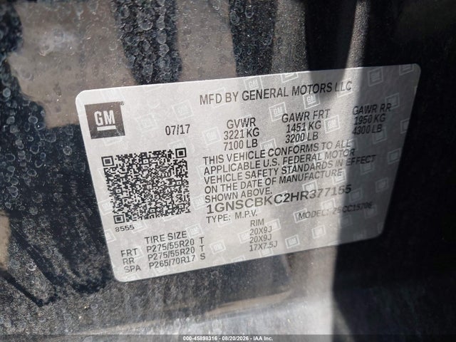 45898316 :رقم المزاد ، 1GNSCBKC2HR377155 vin ، 2017 Chevrolet Tahoe Lt مزاد بيع