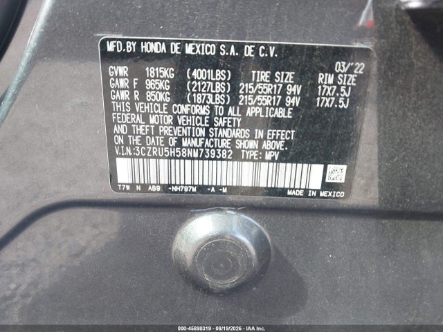 2022 Honda Hr-v 2wd Ex მანქანა იყიდება აუქციონზე, vin: 3CZRU5H58NM739382, აუქციონის ნომერი: 45898319