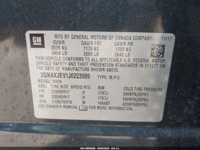 2018 Chevrolet Equinox Lt მანქანა იყიდება აუქციონზე, vin: 2GNAXJEV1J6223089, აუქციონის ნომერი: 45898326