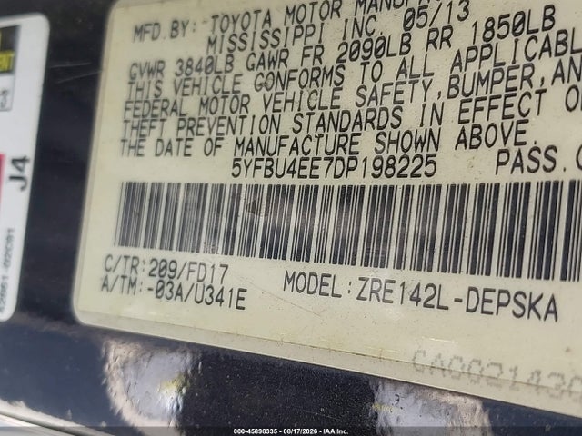 45898335 :رقم المزاد ، 5YFBU4EE7DP198225 vin ، 2013 Toyota Corolla S مزاد بيع