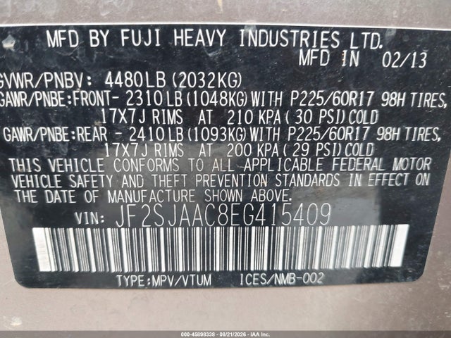 Продаж на аукціоні авто 2014 Subaru Forester 2.5i, vin: JF2SJAAC8EG415409, номер лоту: 45898338