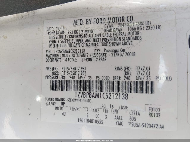 Продаж на аукціоні авто 2012 Ford Mustang V6 Premium, vin: 1ZVBP8AM1C5212138, номер лоту: 45898340