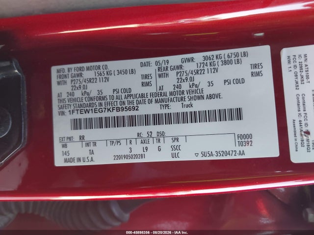 Продаж на аукціоні авто 2019 Ford F-150 Limited, vin: 1FTEW1EG7KFB95692, номер лоту: 45898356